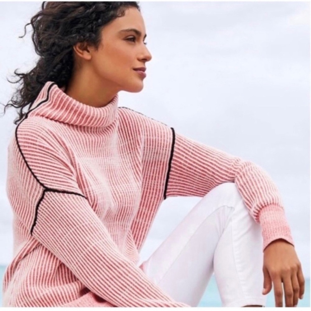 Soft Surroundings Selene Funnel‎ Neck Pink White Ribbed Oversized Size XS